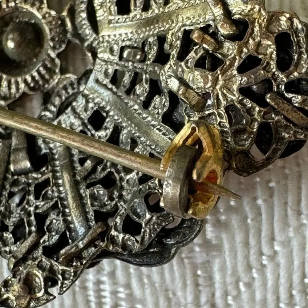 Large 2” 1930s Art Nouveau Vintage Filigree Broach Amber Czech Glass Antique Pin